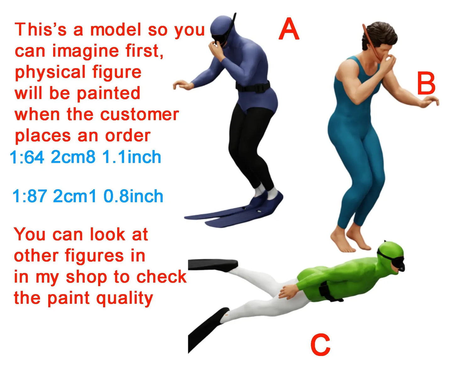 Scuba diver figure HO 1/64 1/43 1/24 1/18 Scale handpaint high detail
