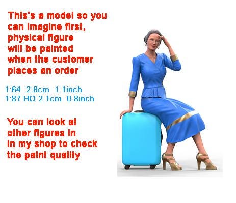 Woman sitting on Luggage figure handpaint high detail 1:18 to HO scale