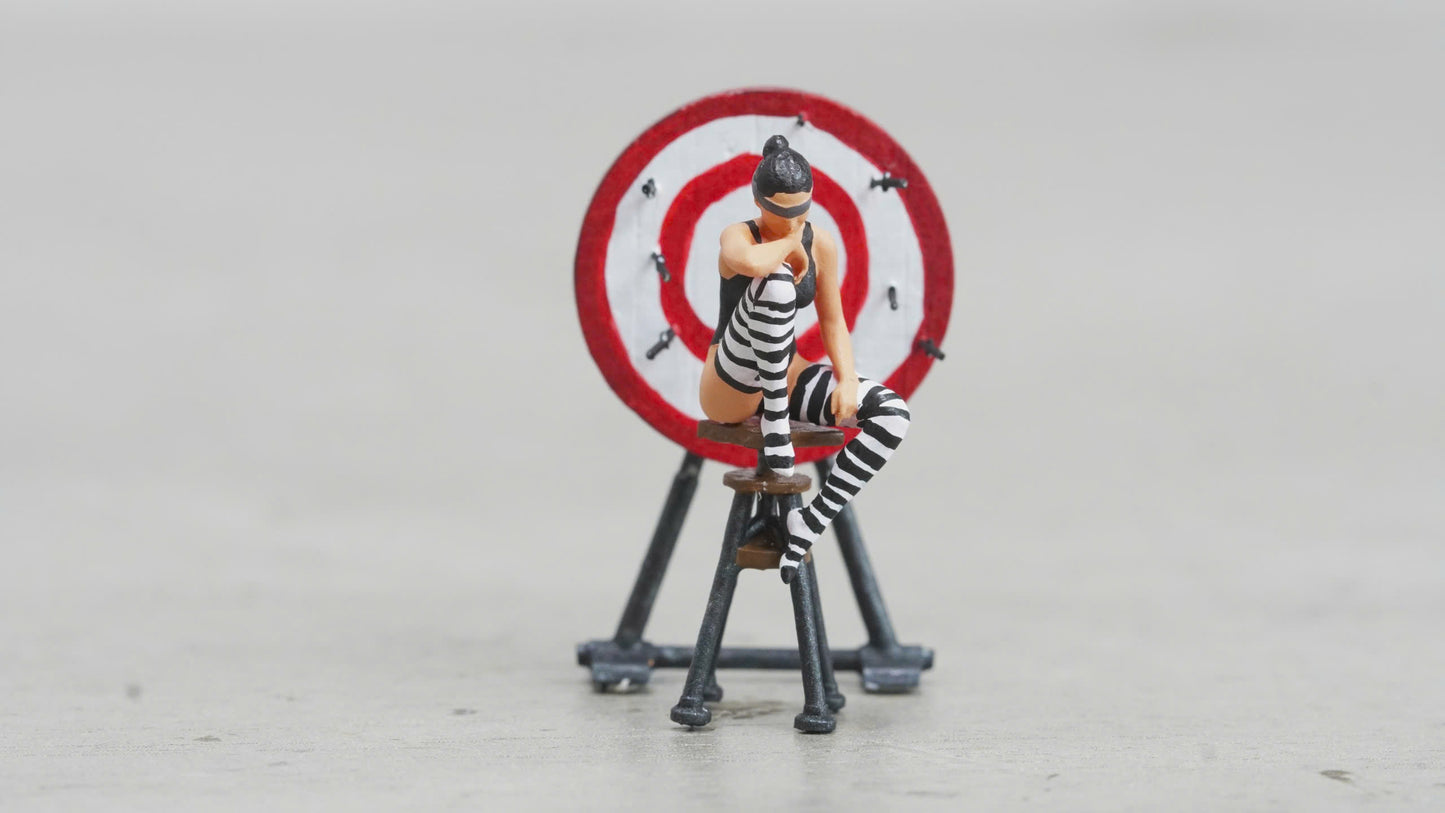 Girl sitting on a chair in front of a dart figure HO 1/64 1/43 1/24 1/18 Scale handpaint high detail