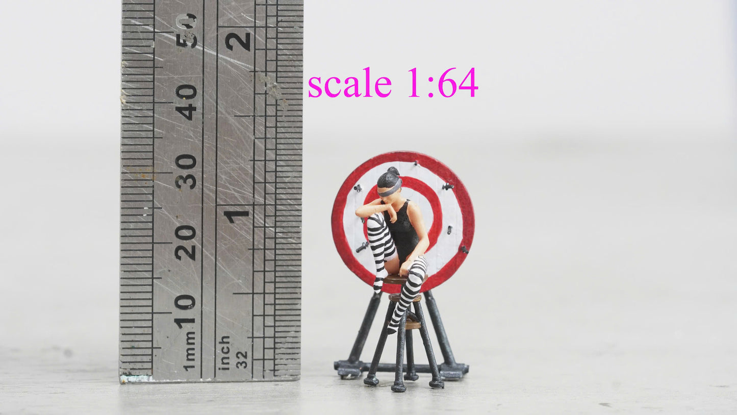 Girl sitting on a chair in front of a dart figure HO 1/64 1/43 1/24 1/18 Scale handpaint high detail